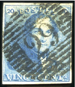 Stamp of Belgium » Belgique. 1849 Epaulettes - Émission 20c Bleu, bien margé, oblitération de perception 2