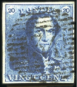 Stamp of Belgium » Belgique. 1849 Epaulettes - Émission 20c Bleu foncé, très bien margé, oblitération de l