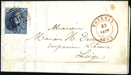 Stamp of Belgium » Belgique. 1849 Epaulettes - Émission 20c Bleu, margé, oblitération fines barres de la p