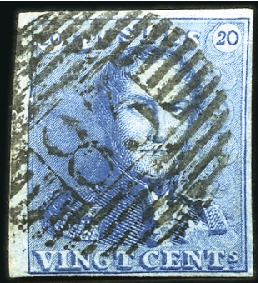 Stamp of Belgium » Belgique. 1849 Epaulettes - Émission 20c Bleu, planche II,  belles marges, oblitération