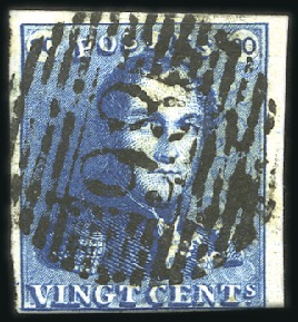 Stamp of Belgium » Belgique. 1849 Epaulettes - Émission 20c Bleu, margé avec bdf, oblitération de la perce