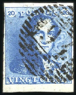Stamp of Belgium » Belgique. 1849 Epaulettes - Émission 20c Bleu, margé avec bas de feuille, oblitération 