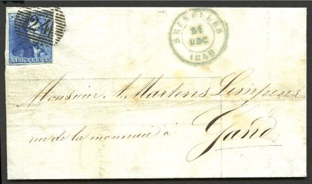 Stamp of Belgium » Belgique. 1849 Epaulettes - Émission 20c Bleu, planche II, bien margé, oblitération de 