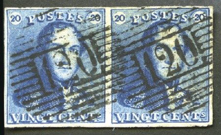 Stamp of Belgium » Belgique. 1849 Epaulettes - Émission 20c Bleu, paire bien margée (positions 166 et 167)