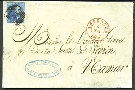 Stamp of Belgium » Belgique. 1849 Epaulettes - Émission 20c Bleu, margé à bien margé, oblitération de la p