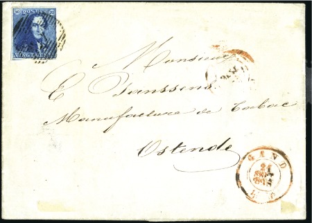 Stamp of Belgium » Belgique. 1849 Epaulettes - Émission 20c Bleu, margé, oblitération de la perception 45 