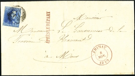Stamp of Belgium » Belgique. 1849 Epaulettes - Émission 20c Bleu, trois marges, oblitération de la percept