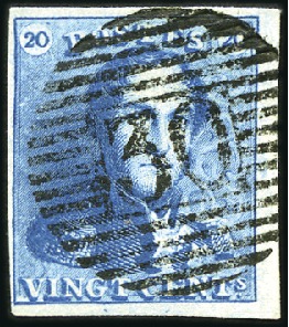 Stamp of Belgium » Belgique. 1849 Epaulettes - Émission 20c Bleu,très bien margé, oblitération de la perce