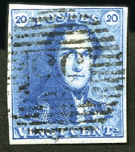 Stamp of Belgium » Belgique. 1849 Epaulettes - Émission 20c Bleu, bien margé, oblitération de la perceptio