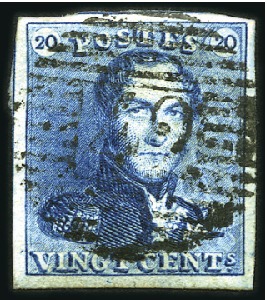 Stamp of Belgium » Belgique. 1849 Epaulettes - Émission 20c Bleu, très bien margé, oblitération de la perc