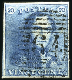 Stamp of Belgium » Belgique. 1849 Epaulettes - Émission 20c Bleu, bien margé, oblitération de la perceptio