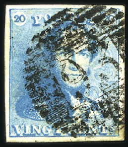 Stamp of Belgium » Belgique. 1849 Epaulettes - Émission 20c Bleu, très bien margé, oblitération de la perc