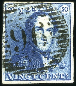 Stamp of Belgium » Belgique. 1849 Epaulettes - Émission 20c Bleu, bien margé, oblitération de la perceptio