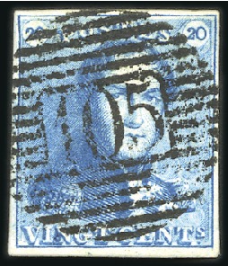 Stamp of Belgium » Belgique. 1849 Epaulettes - Émission 20c Bleu, bien margé, oblitération de la perceptio