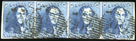 Stamp of Belgium » Belgique. 1849 Epaulettes - Émission 20c Bleu, planche II, en bande de QUATRE margée, o