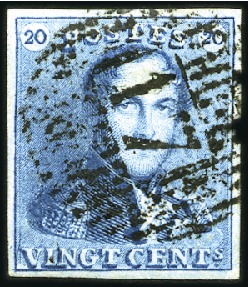 Stamp of Belgium » Belgique. 1849 Epaulettes - Émission 20c Bleu intense, planche II, avec variété "petite