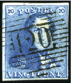 Stamp of Belgium » Belgique. 1849 Epaulettes - Émission 20c Bleu, planche II, bien margé, oblitération fin