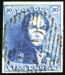 Stamp of Belgium » Belgique. 1849 Epaulettes - Émission 20c Bleu, bien margé, oblitération ROUGE de la per
