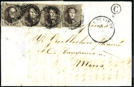Stamp of Belgium » Belgique. 1849 Médaillons (filigrane encadré) - Émission 10c Brun, quatre exemplaires dont trois bien margé