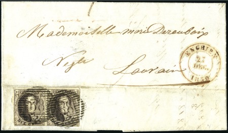 Stamp of Belgium » Belgique. 1849 Médaillons (filigrane encadré) - Émission 10c Brun, en paire (marges irrégulières), oblitéra