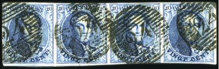 Stamp of Belgium » Belgique. 1849 Médaillons (filigrane encadré) - Émission 20c Bleu, bande de quatre bien margée, léger pli s
