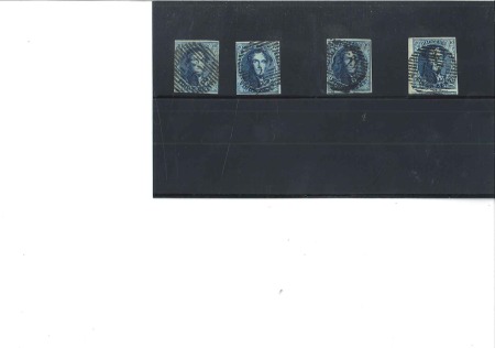 Stamp of Belgium » Belgique. 1849 Médaillons (filigrane encadré) - Émission 20c Bleu, quatre exemplaires avec respectivement l
