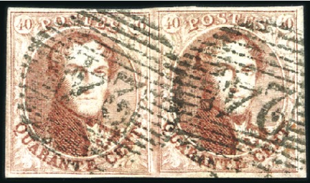 Stamp of Belgium » Belgique. 1851 Médaillons (filigrane sans cadre) - Émission 40c Carmin, paire margée, oblitération de la perce