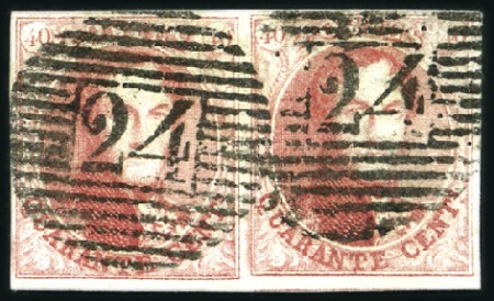 Stamp of Belgium » Belgique. 1851 Médaillons (filigrane sans cadre) - Émission 40c Carmin, paire margée, oblitération de la perce