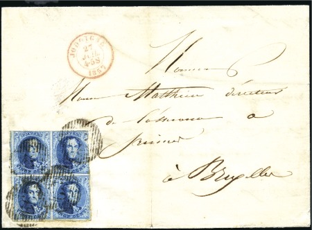 Stamp of Belgium » Belgique. 1851 Médaillons (filigrane sans cadre) - Émission 20c Bleu, en bloc de quatre, légèrement entamé à d