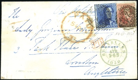 Stamp of Belgium » 1849 Epaulettes - Affranchissements mixtes, composés, etc. 20c Bleu et "Médaillons" 40c carmin, touchés, obli