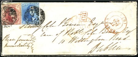 Stamp of Belgium » 1849 Epaulettes - Affranchissements mixtes, composés, etc. 20c Bleu et "Médaillons" 40c carmin, touchés, obli