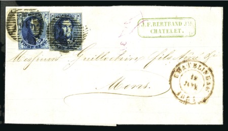 Stamp of Belgium » Belgique. 1849 Médaillons (filigrane encadré) - Émission 20c Bleu, deux exemplaires margés, oblitération de