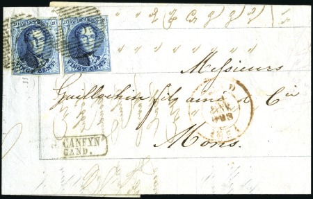 Stamp of Belgium » Belgique. 1849 Médaillons (filigrane encadré) - Émission 20c Bleu, deux exemplaires, un margé, oblitération
