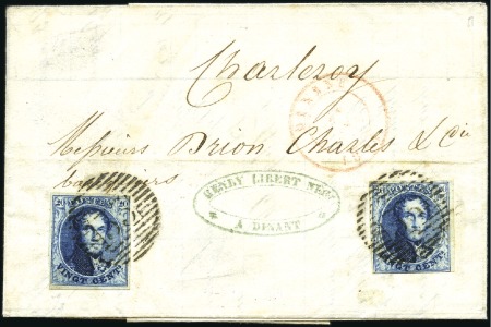 Stamp of Belgium » Belgique. 1849 Médaillons (filigrane encadré) - Émission 20c Bleu, deux exemplaires, un margé, oblitération