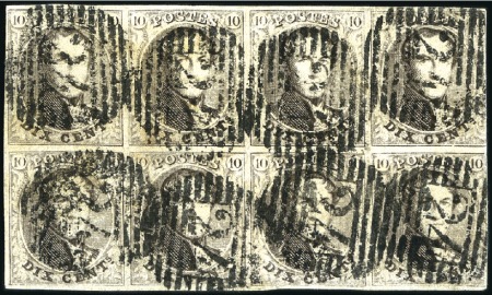 Stamp of Belgium » Belgique. 1851 Médaillons (filigrane sans cadre) - Émission 10c Brun, en BLOC DE HUIT, légèrement effleuré à d