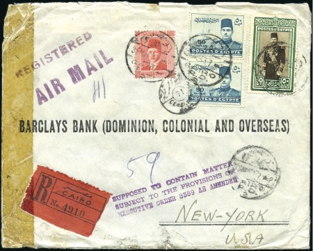 Stamp of Egypt » 1936-1952 King Farouk Definitives  1937-46 Young Farouk 50pi on registered and censor
