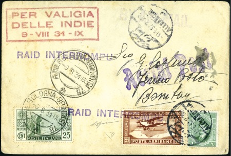 Stamp of Italy 1931 (Aug 9) Italy-India with "RAID INTERROMPU" hs