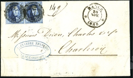Stamp of Belgium » Belgique. 1858 Médaillons arrondis - Émission 20c Bleu, paire lég. touchée, oblitération de la d