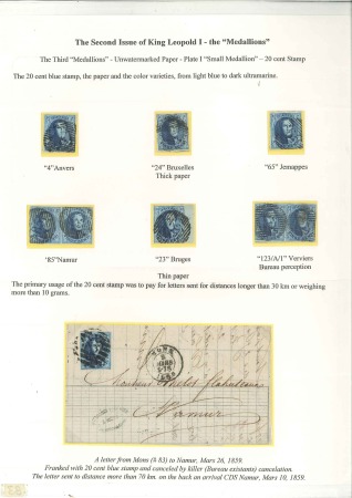 Stamp of Belgium » Belgique. 1858 Médaillons arrondis - Émission 20c Bleu, lot sur pages d'expositions comprenant d