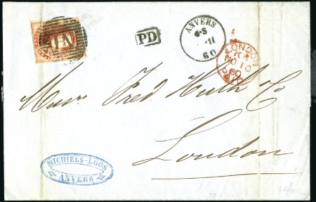 Stamp of Belgium » Belgique. 1858 Médaillons arrondis - Émission 40c Vermillon, margé (pli d'archive), oblitération