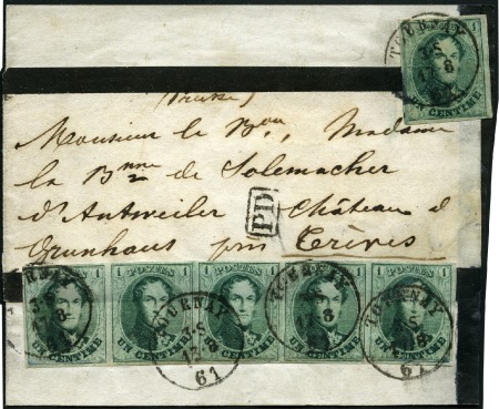 Stamp of Belgium » Belgique. 1861 Médaillons allongés - Émission 1c Vert, BANDE DE CINQ et un isolé (tous bien marg