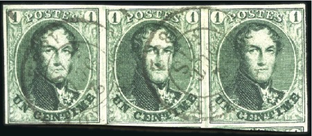 Stamp of Belgium » Belgique. 1861 Médaillons allongés - Émission 1c Vert foncé, bande de trois margée avec parties 