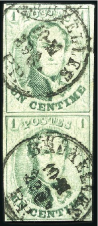 Stamp of Belgium » Belgique. 1861 Médaillons allongés - Émission 1c Vert, en paire verticale margée, oblitération d