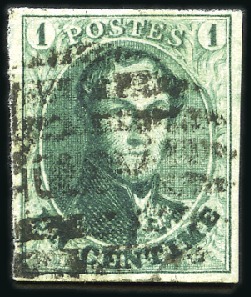 Stamp of Belgium » Belgique. 1861 Médaillons allongés - Émission 1c Vert, bien margé, oblitération du cachet à barr