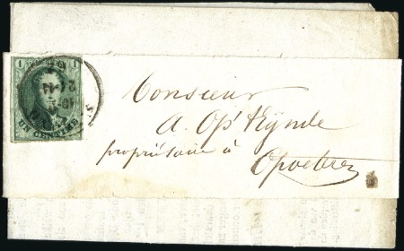 Stamp of Belgium » Belgique. 1861 Médaillons allongés - Émission 1c Vert, lég. touché, oblitération du cachet à dat