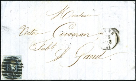 Stamp of Belgium » Belgique. 1861 Médaillons allongés - Émission 20c Bleu, margé, oblitération de la perception 83 