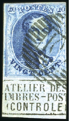 Stamp of Belgium » Belgique. 1861 Médaillons allongés - Émission 20c Bleu avec grand bord de feuille en bas montran