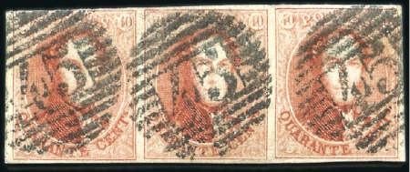 Stamp of Belgium » Belgique. 1861 Médaillons allongés - Émission 40c Vermillon, en bande de trois, lég. touché en h