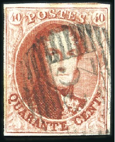 Stamp of Belgium » Belgique. 1861 Médaillons allongés - Émission 40c Vermillon, margé, oblitération de la perceptio
