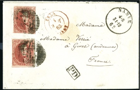 Stamp of Belgium » Belgique. 1861 Médaillons allongés - Émission 40c Vermillon, deux exemplaires margés, belle nuan